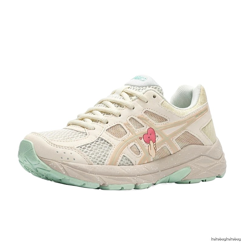 ASICS retro-style white sneakers with heart-shaped patterns