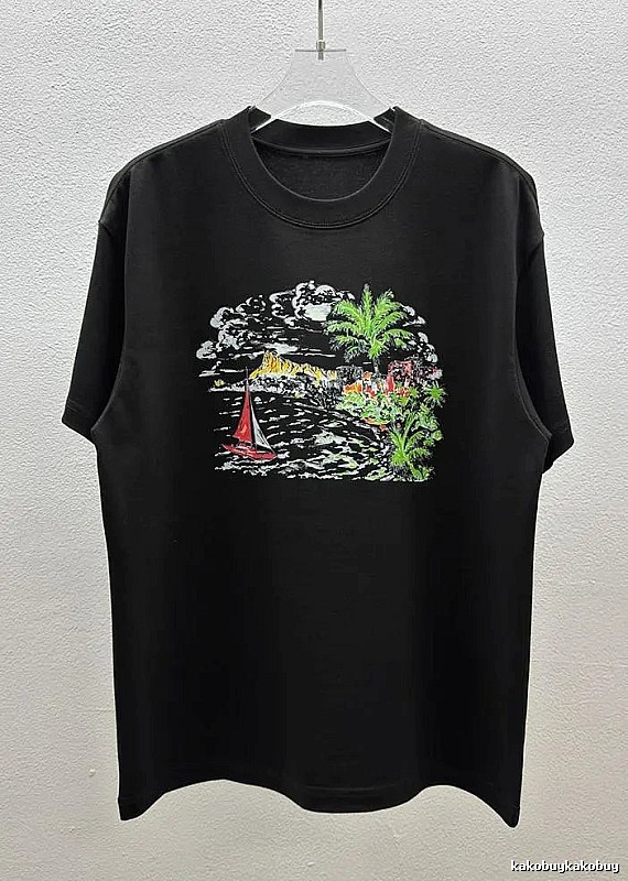 AW Seaside Print Vacation Style Black Short Sleeve T-Shirt