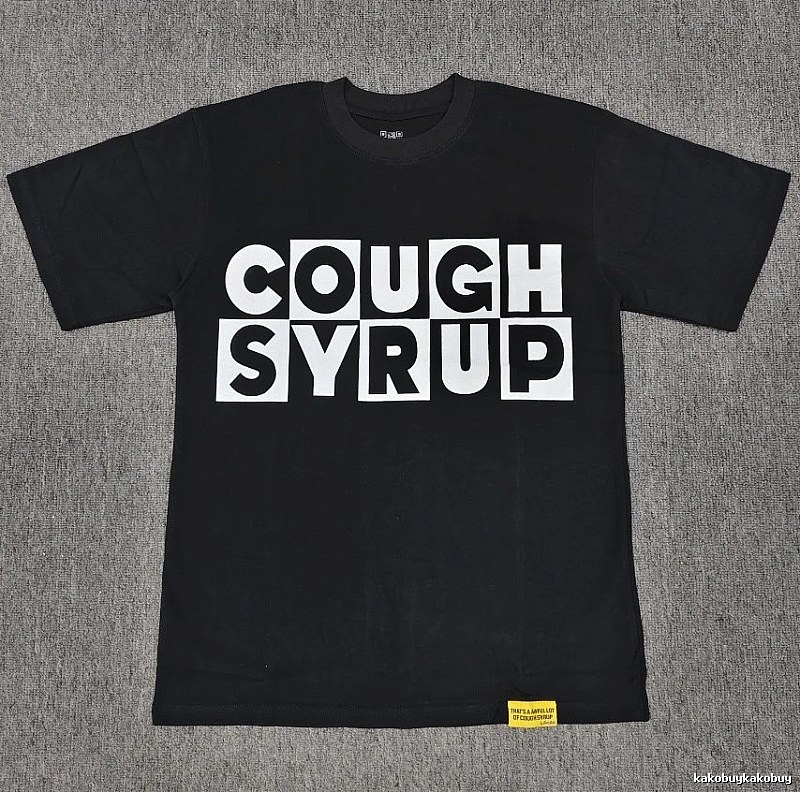 Black street-style short-sleeve T-shirt with COUGH SYRUP print