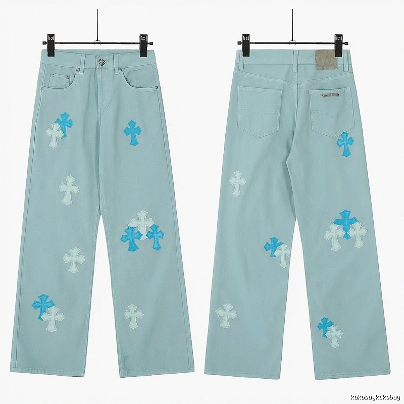 Chrome Hearts Cross Trend Brand Light Blue Jeans