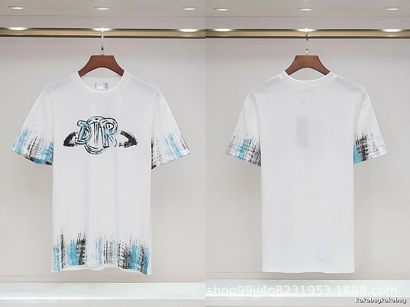 Dior Graffiti Collection Street Style White and Blue Short-sleeve T-shirt