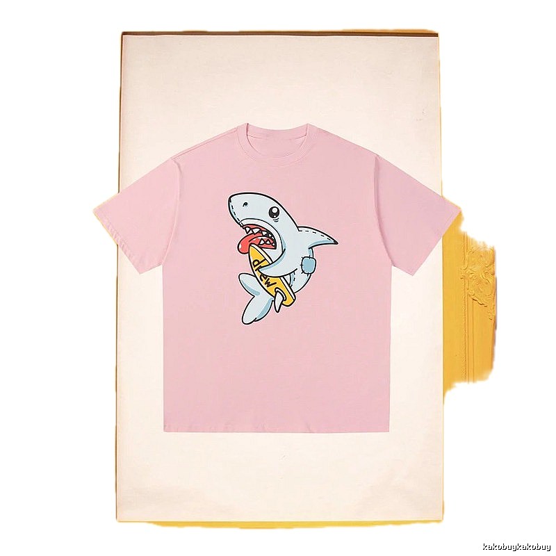 DREW Cartoon Shark Street Style Pink Short-sleeve T-shirt
