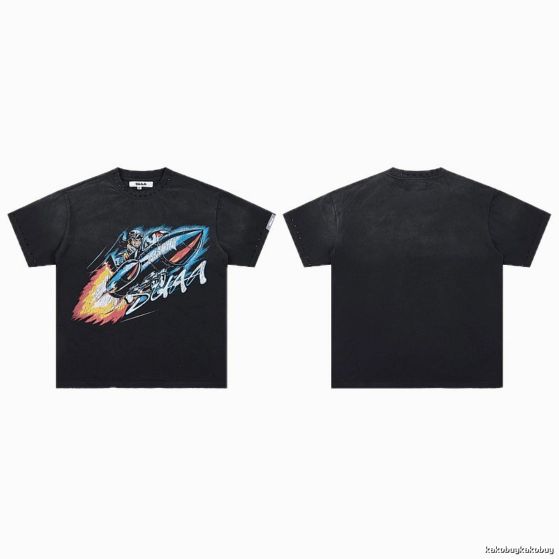DUAA Rocket Print Vintage Style Black Short-sleeve T-shirt