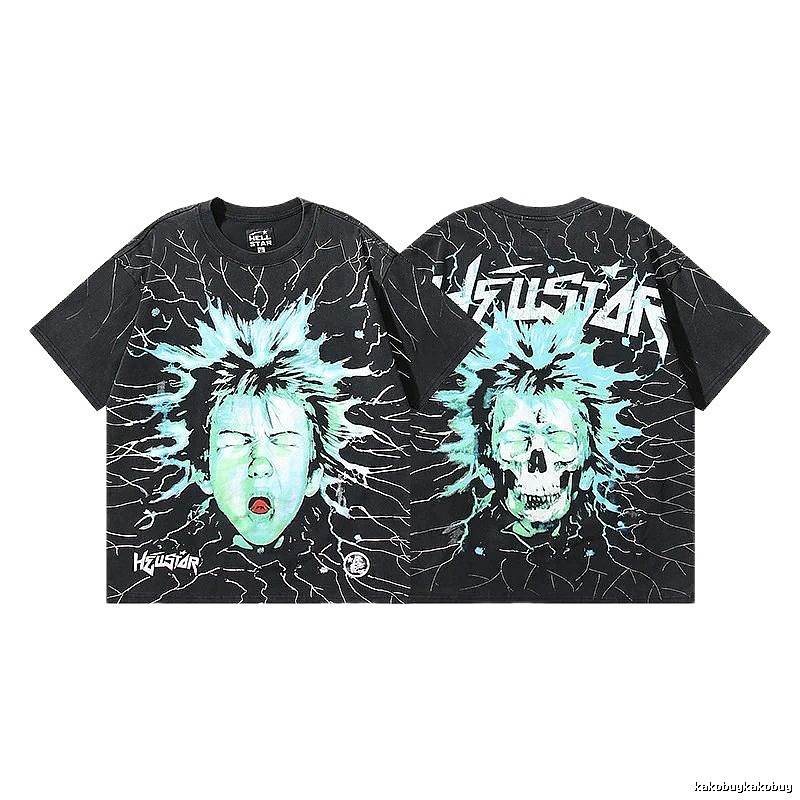 Hellstar Skeleton Print Street Style Black and Green T-shirt