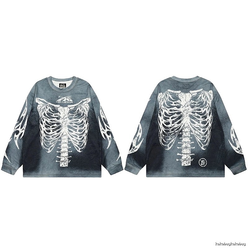 Hellstar Skull Print Street Style Vintage Grey Long Sleeve T-shirt