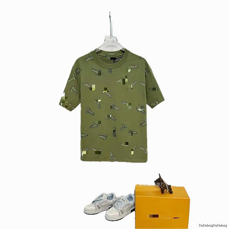 Louis Vuitton All-over Print Streetwear Military Green Short-sleeve T-shirt