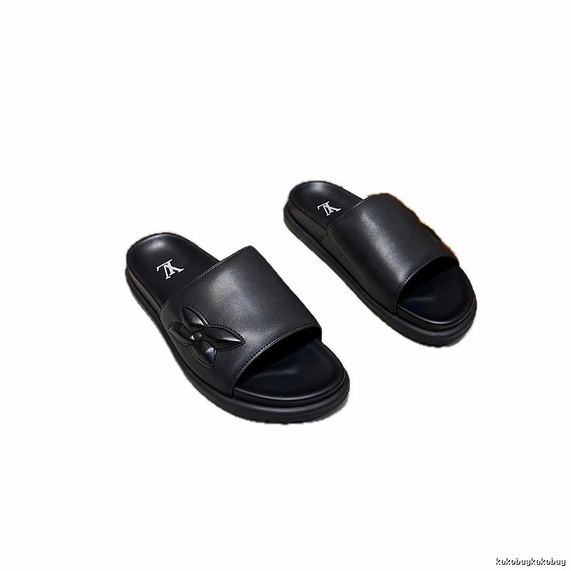 Louis Vuitton Classic Embossed Minimalist Style Black Slide Sandals