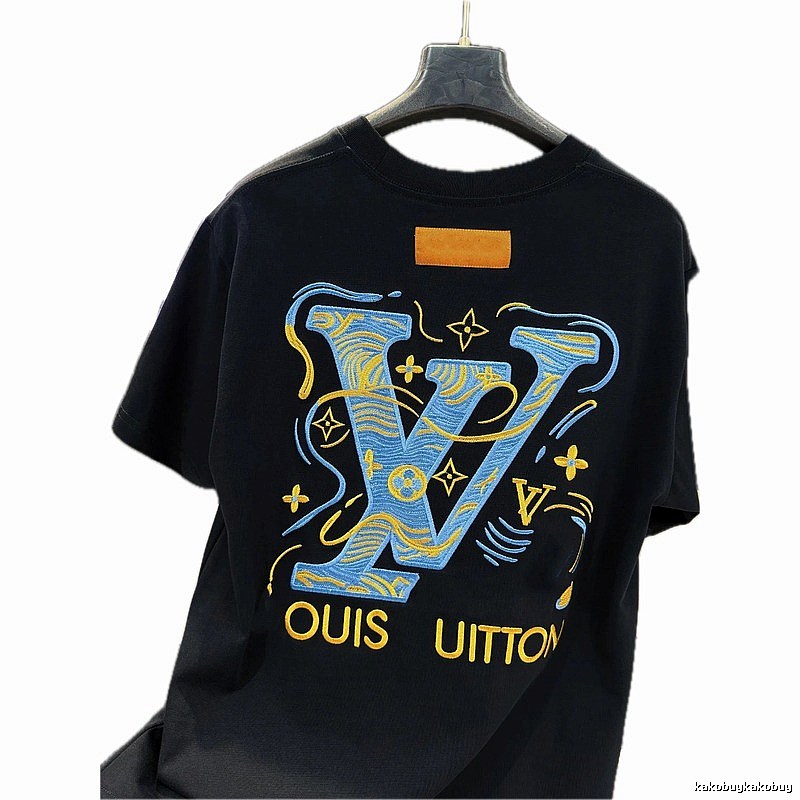 Louis Vuitton Embroidered Collection Trendy Style Black T-Shirt