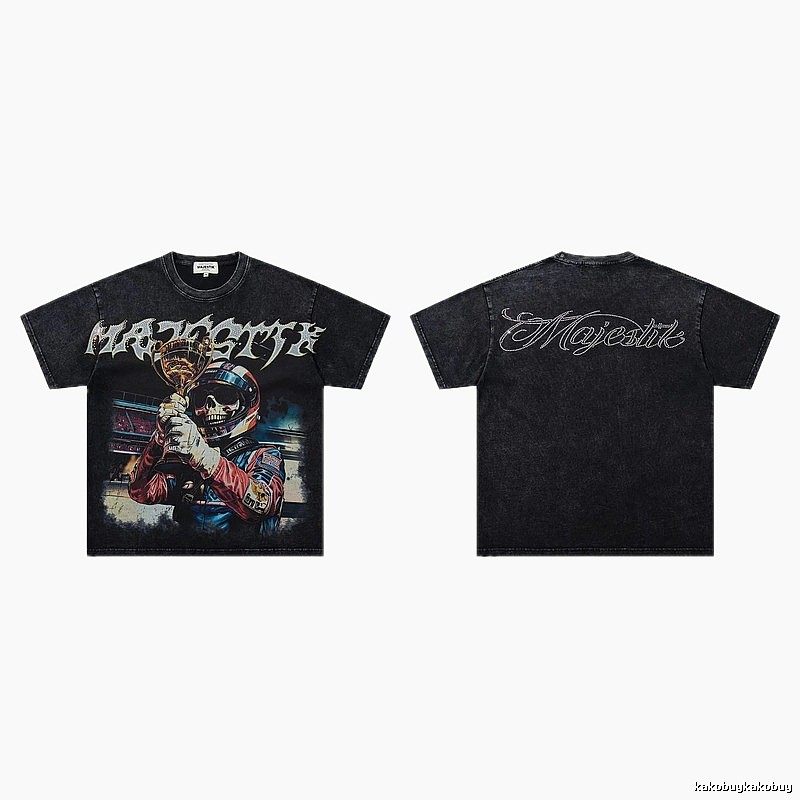 MAJESTIK Skull Racing American Vintage Black T-Shirt