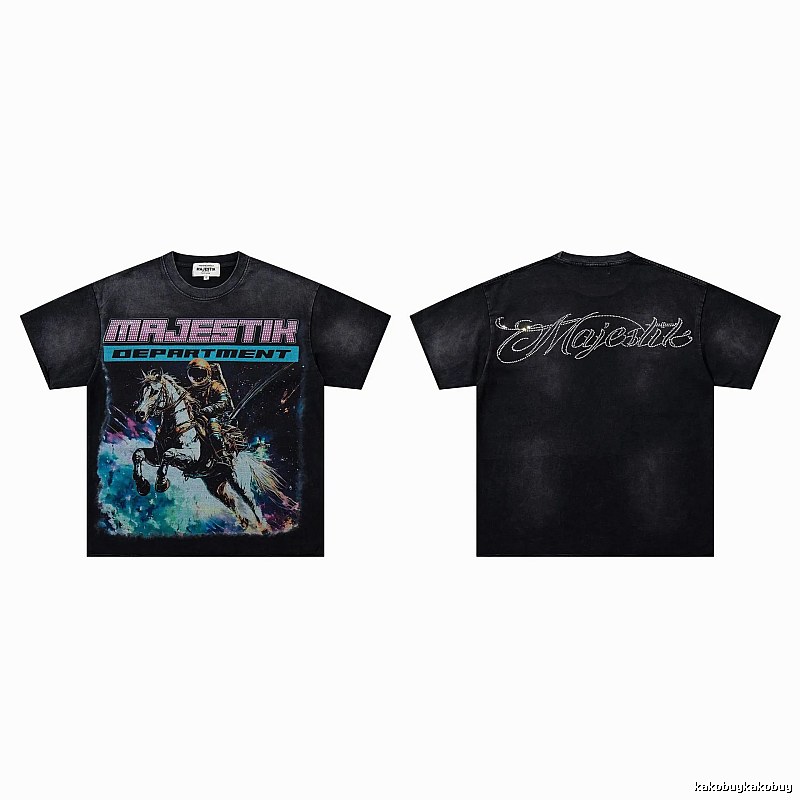 MAJESTIK Space Print Vintage Distressed Black T-Shirt