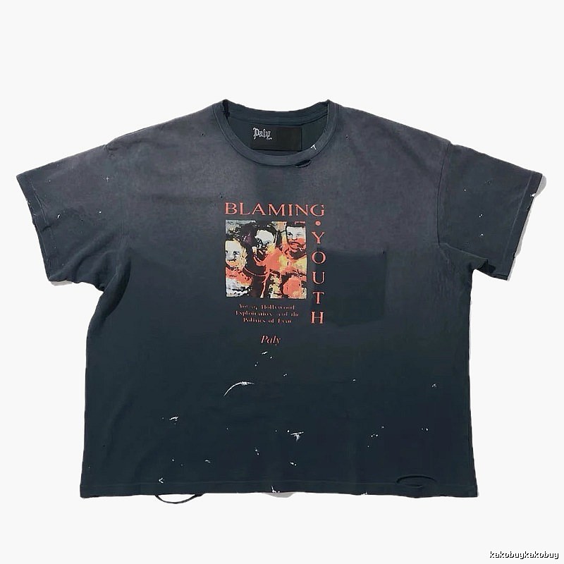 Paly Hollywood Distressed Print Vintage Charcoal Black T-Shirt