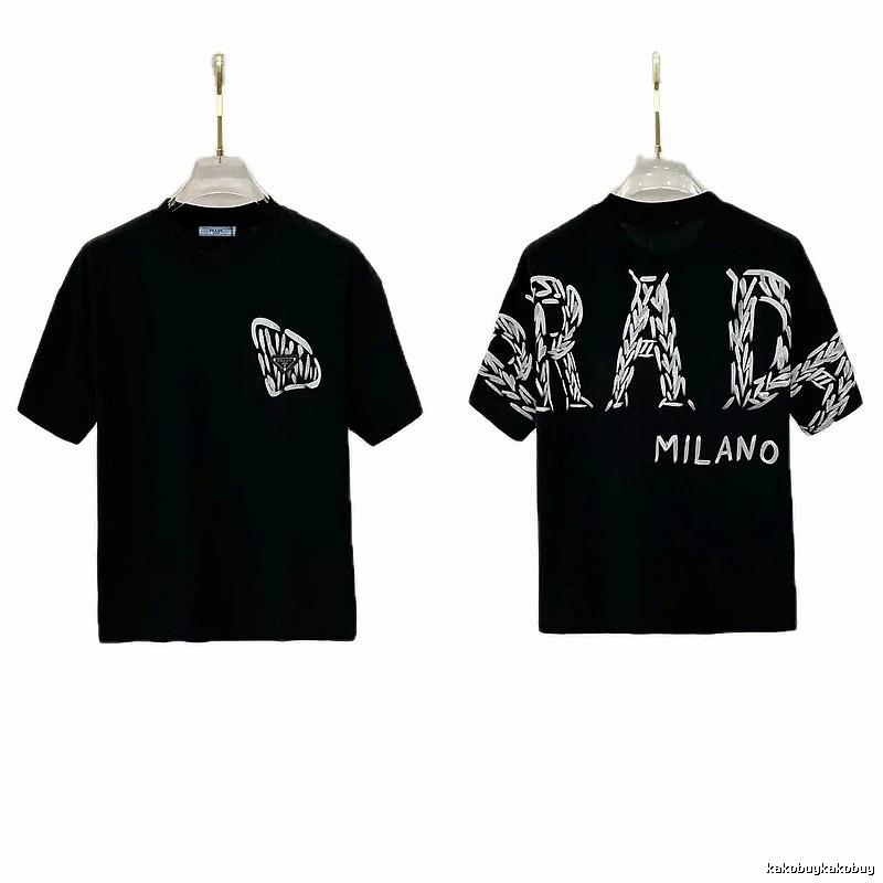 Prada Embroidered Streetwear Style Black Short-sleeve T-shirt