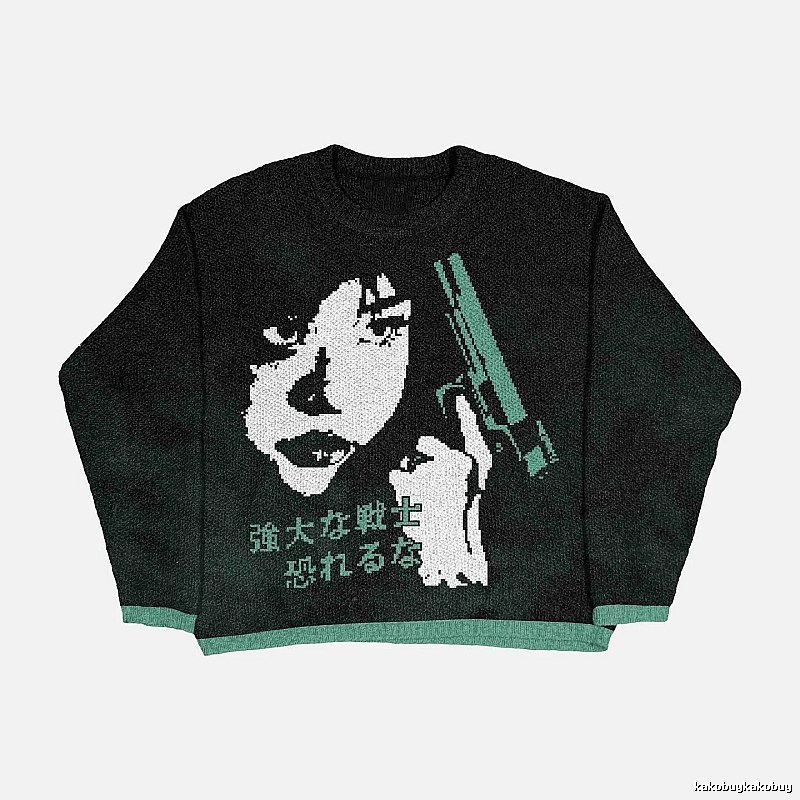 Resort Anime graphic sweater Black Knit Top for Travel Looks