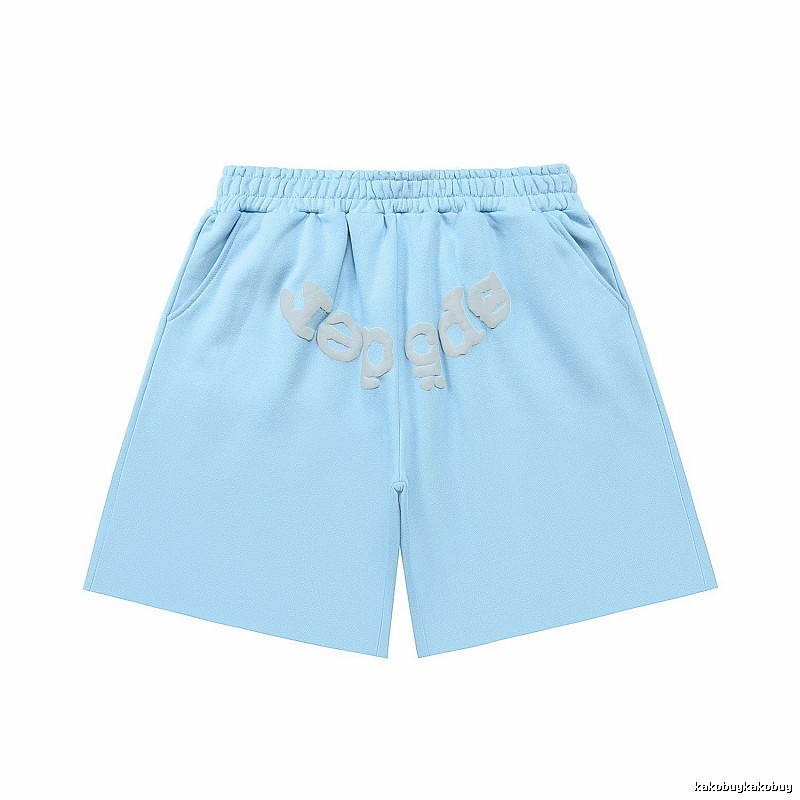Sp5der letter-style light blue shorts