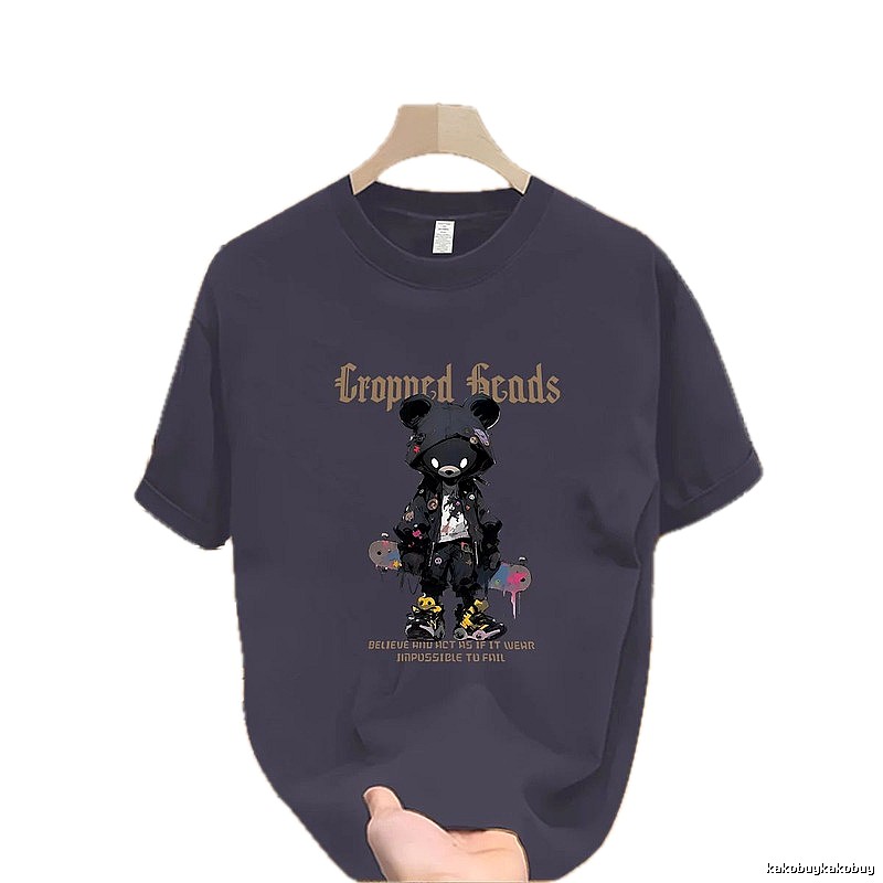 Streetwear Brand Dark Grey Street-style Short Sleeve T-shirt with Bear Print
