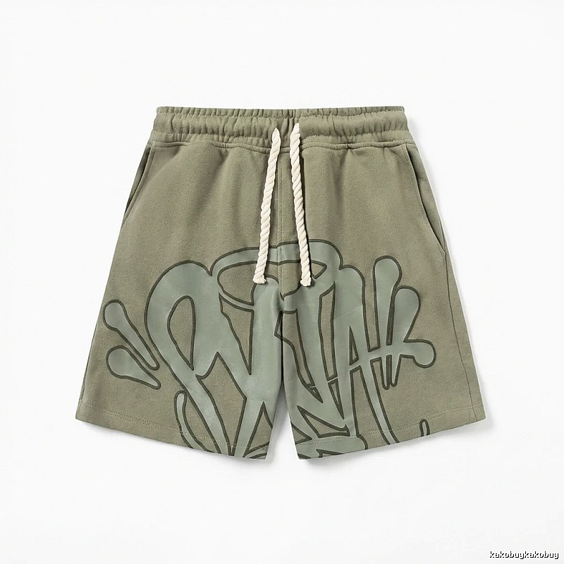 SynaWorld graffiti-style military green shorts