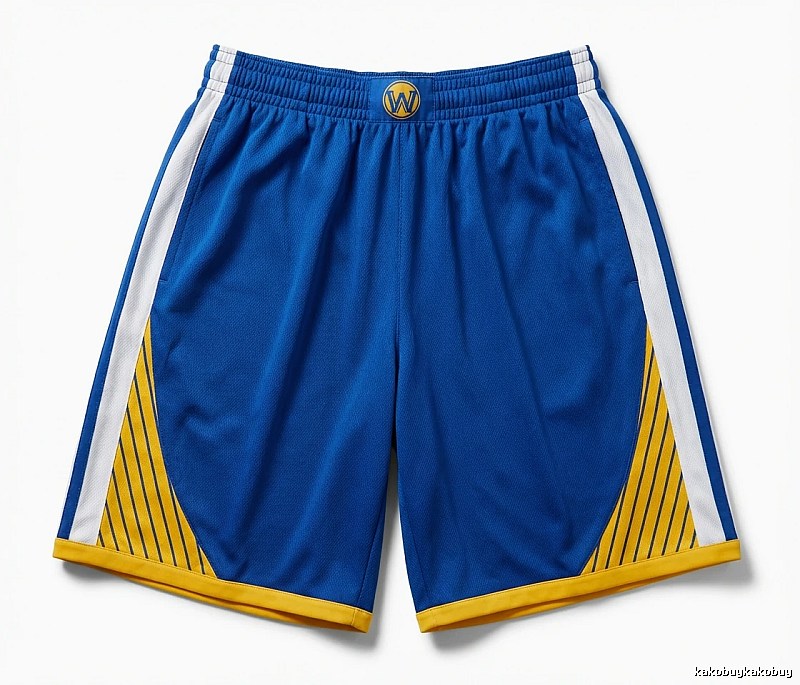 The blue, white and yellow shorts of the Golden State Warriors for Curry.