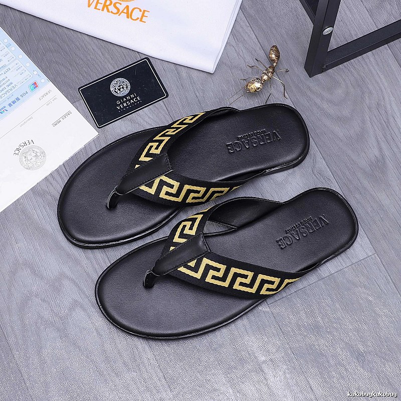 Versace Edgy Black & Gold Greek Key Flip-Flops