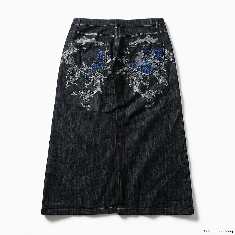 Y2K Style Deep Blue Embroidered Denim Skirt